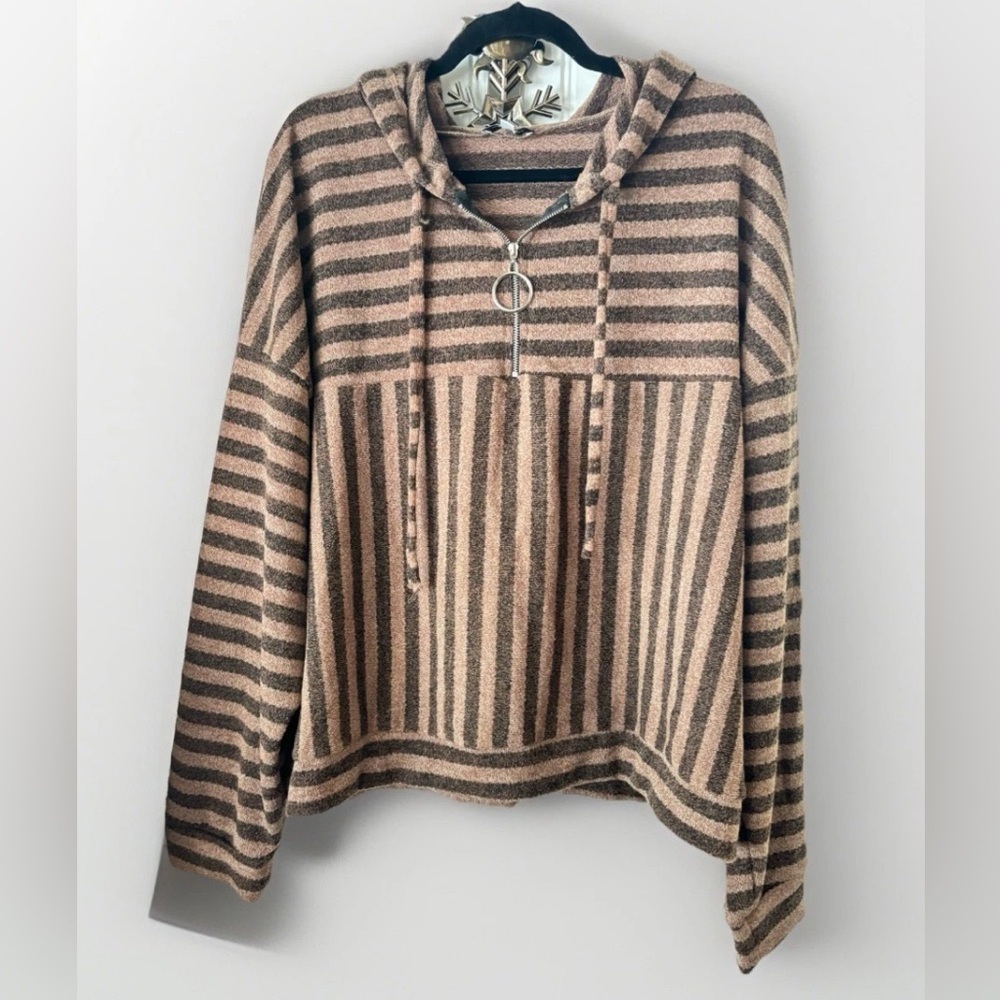 White Birch Cozy Striped Knit Hoodie with Quarter Zip & Drawstring